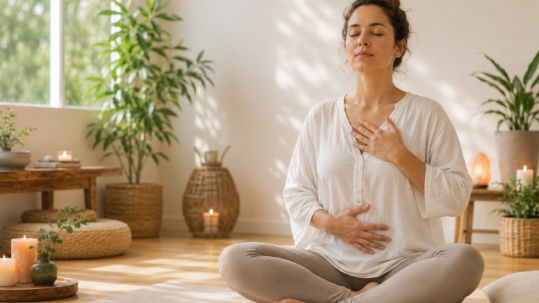 Persona practicant respiració conscient en un espai tranquil i lluminós, amb les mans sobre el pit i l'abdomen per afavorir la connexió amb la respiració.