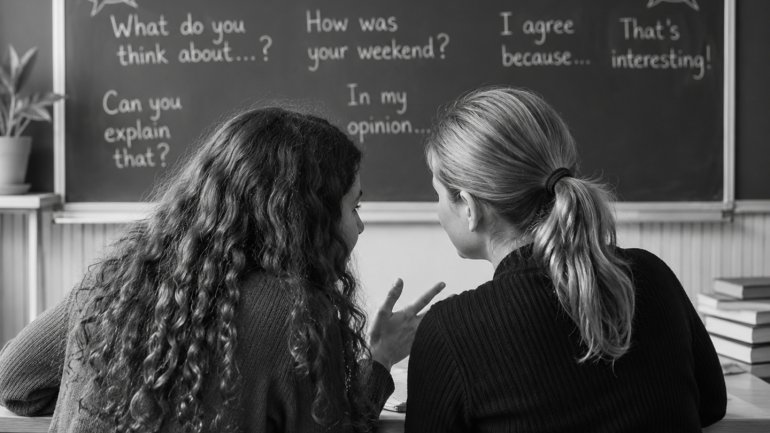 Dues persones conversant en anglès en una aula, assegudes davant d'una pissarra, en un ambient d'aprenentatge col·laboratiu i pràctica oral.