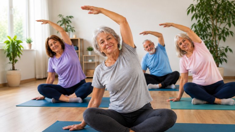 Persones practicant gimnàstica suau amb exercicis d'estirament i mobilitat en una sala d'activitats.