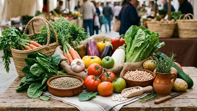 Aquesta imatge mostra un bodegó de verdures i llegums frescos disposats sobre una taula de fusta rústica, amb l'ambient d'un mercat a l'aire lliure de fons.
A la taula s'hi veu una gran varietat de productes frescos:
Verdures i hortalisses: Hi ha tomate
