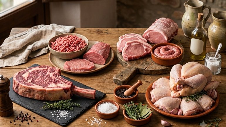 La imatge mostra un bodegó gastronòmic amb diversos tipus de carns fresques disposades sobre una taula de fusta rústica, en un format 4:3. A la part esquerra, destaca una gran mitjana de bou (o vedella) amb os sobre una pissarra negra, acompanyada de fari