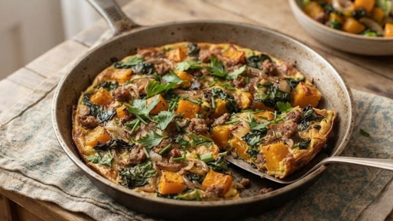 Quiche de tardor cuinada en una paella, amb daus de carbassa, espinacs, ceba, carn picada i herbes fresques.