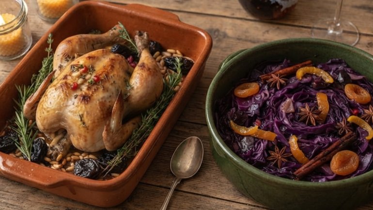 Pollastre rostit sencer en una safata de forn amb prunes, pinyons i herbes aromàtiques, acompanyat de col llombarda guisada amb fruita seca i espècies.