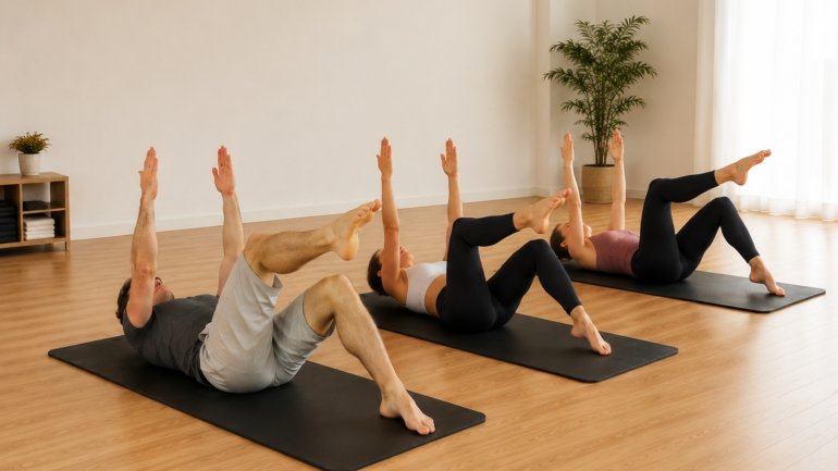 Tres persones estirades sobre marfegues realitzen un exercici de Pilates en una aula de cos amb terra de parquet.