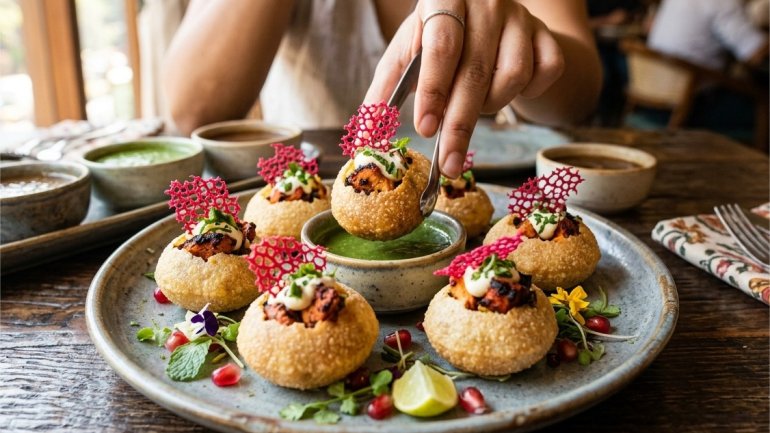 Plat amb panipuris farcits i decorats amb crema, herbes i cruixents de color, servits amb una salsa verda al centre mentre una persona n'agafa un amb una cullera