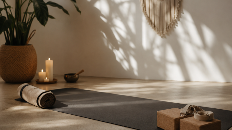 Espai de ioga minimalista amb ambient relaxant.