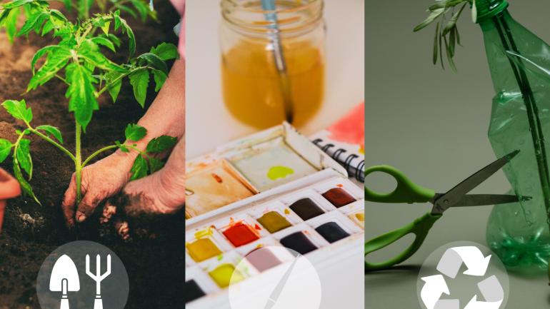 Una imatge composta per tres imatges, la de l'esquerra és una d'unes mans plantant una planta. La del centre és una taula on hi ha una paleta d'aquarel·les i un baso de cristall amb un pinzell dins amb l'aigua tinguda de color taronja. I la de la dreta és