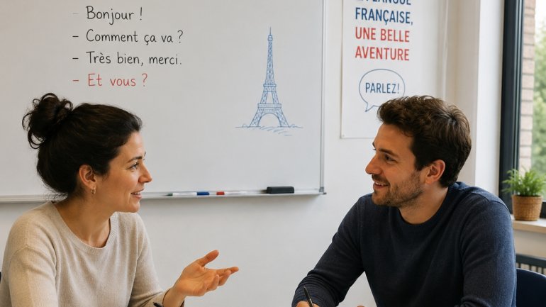 Dues persones en una aula mantenen una conversa en francès assegudes davant d’una taula amb material d’estudi.