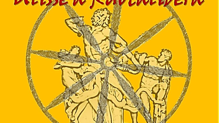 Cartell amb el títol «Ulisse a Ruotalibera» sobre un fons groc. Al centre hi ha una roda superposada a una escultura clàssica de diverses figures humanes.