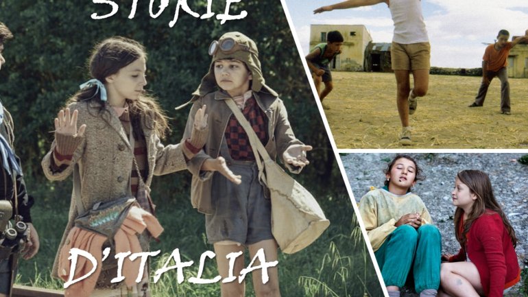 Cartell amb el títol «Storie d'Italia» i un collage de fotogrames de pel·lícules italianes protagonitzades per infants i adolescents en diferents escenes.