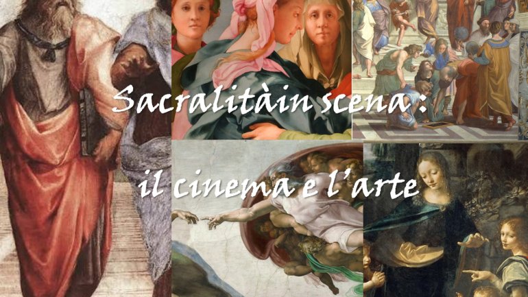 Cartell amb el títol «Sacralità in scena: il cinema e l'arte» sobre un collage de fragments de pintures renaixentistes. La composició combina diverses escenes d'art religiós relacionades amb el cinema i la història de l'art.