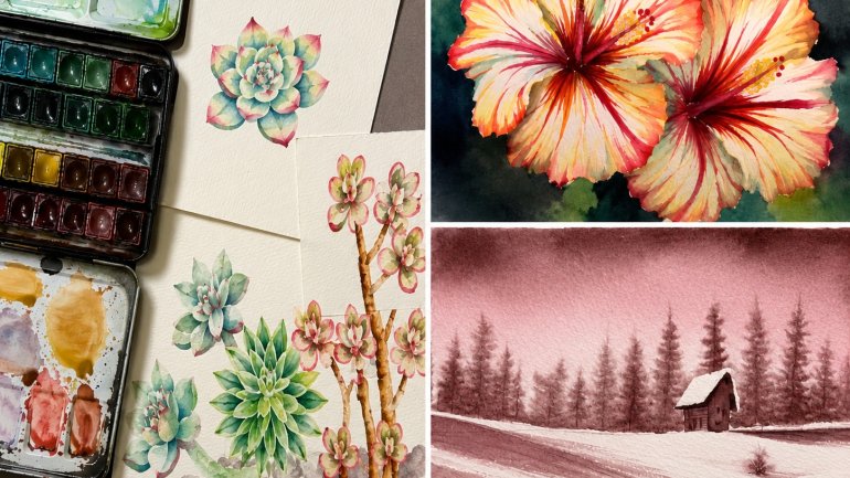 Composició d'aquarel·les amb una paleta de pintura, estudis de plantes suculentes, dues flors d'hibisc i un paisatge hivernal amb una cabana.