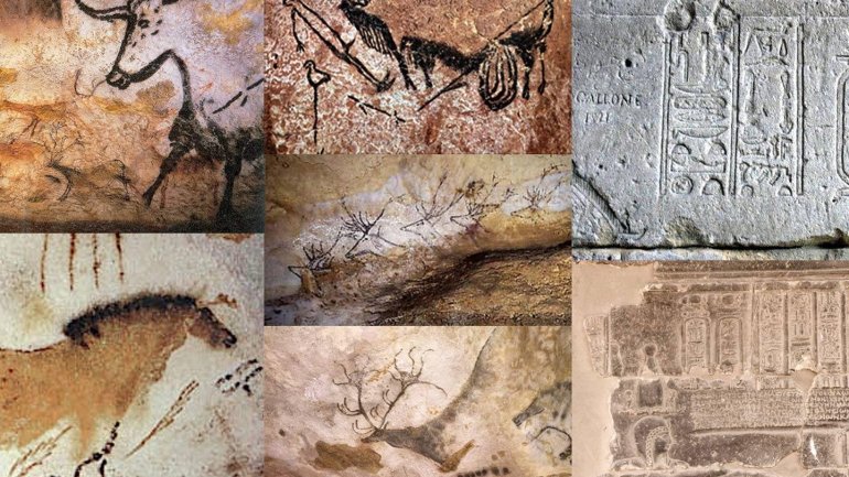 Composició d'imatges amb pintures rupestres i gravats antics que representen animals, figures humanes i inscripcions sobre pedra. La imatge il·lustra els orígens de la humanitat i l'evolució de les primeres manifestacions artístiques i culturals.