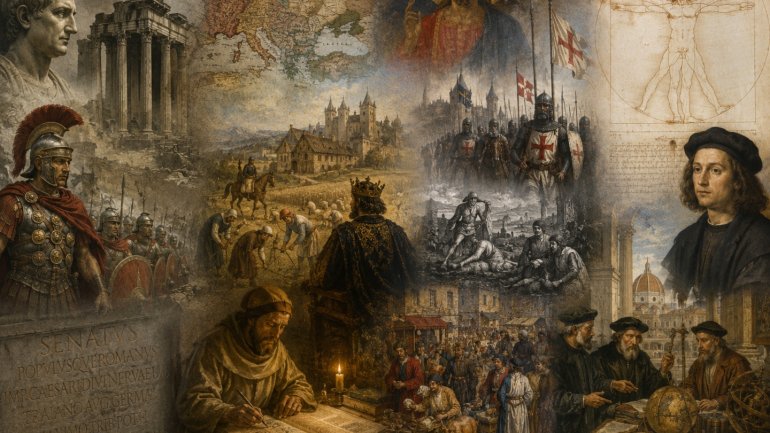 Composició històrica que recorre l'evolució d'Europa des de l'Antiguitat fins al Renaixement, amb escenes de l'Imperi Romà, castells medievals, cavallers, art cristià, manuscrits, mercats, humanistes i l'Home de Vitruvi. Una imatge representativa d'un cic