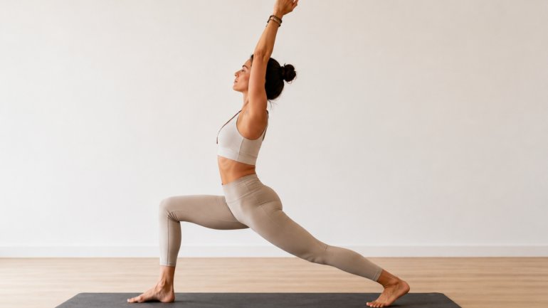 Persona practicant una postura de ioga, sobre una màrfega i amb els braços elevats. La imatge transmet equilibri, força, flexibilitat, concentració i benestar.