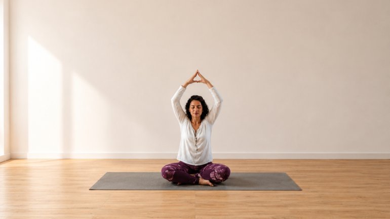 Persona asseguda en postura de meditació sobre una màrfega, amb els braços elevats en un gest de ioga, en una sala lluminosa amb paret llisa i terra de fusta. La imatge transmet calma, concentració i benestar.