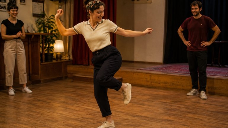 Ballarina practicant swing en solitari en una sala de dansa amb altres persones observant.
