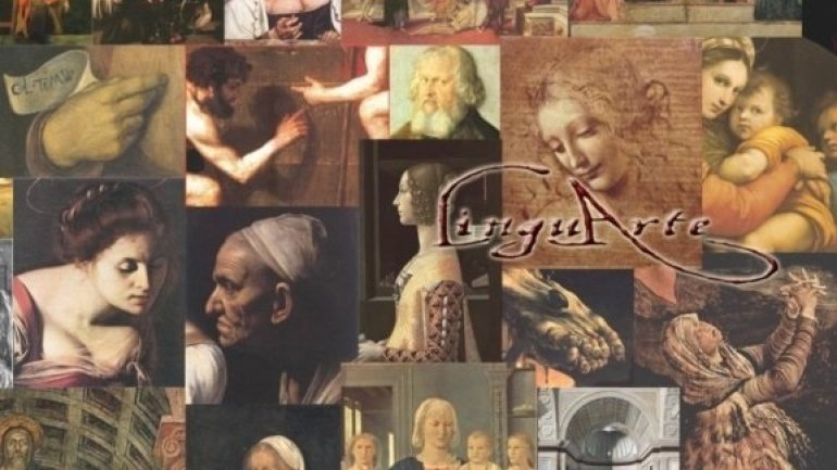 Collage de detalls d'obres mestres de la història de l'art, amb retrats, escenes religioses i arquitectures renaixentistes i barroques, sobreposats al logotip "LinguArte".
