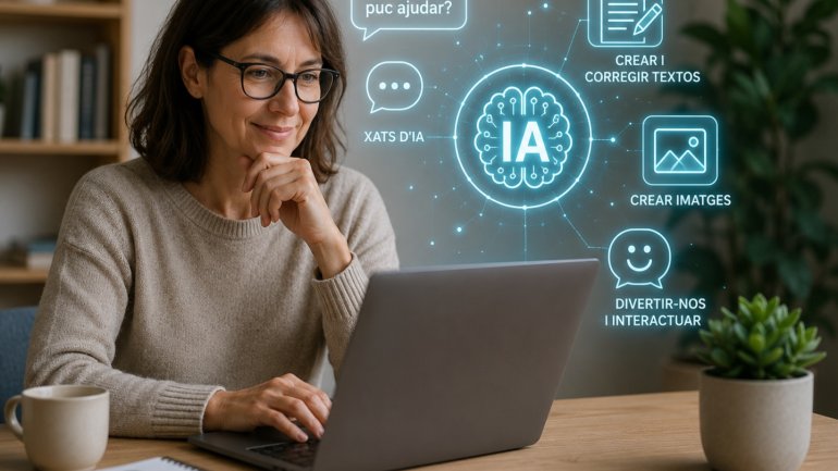 Persona treballant amb un ordinador portàtil mentre interactua amb eines d'intel·ligència artificial representades amb icones de conversa, creació de textos i imatges.